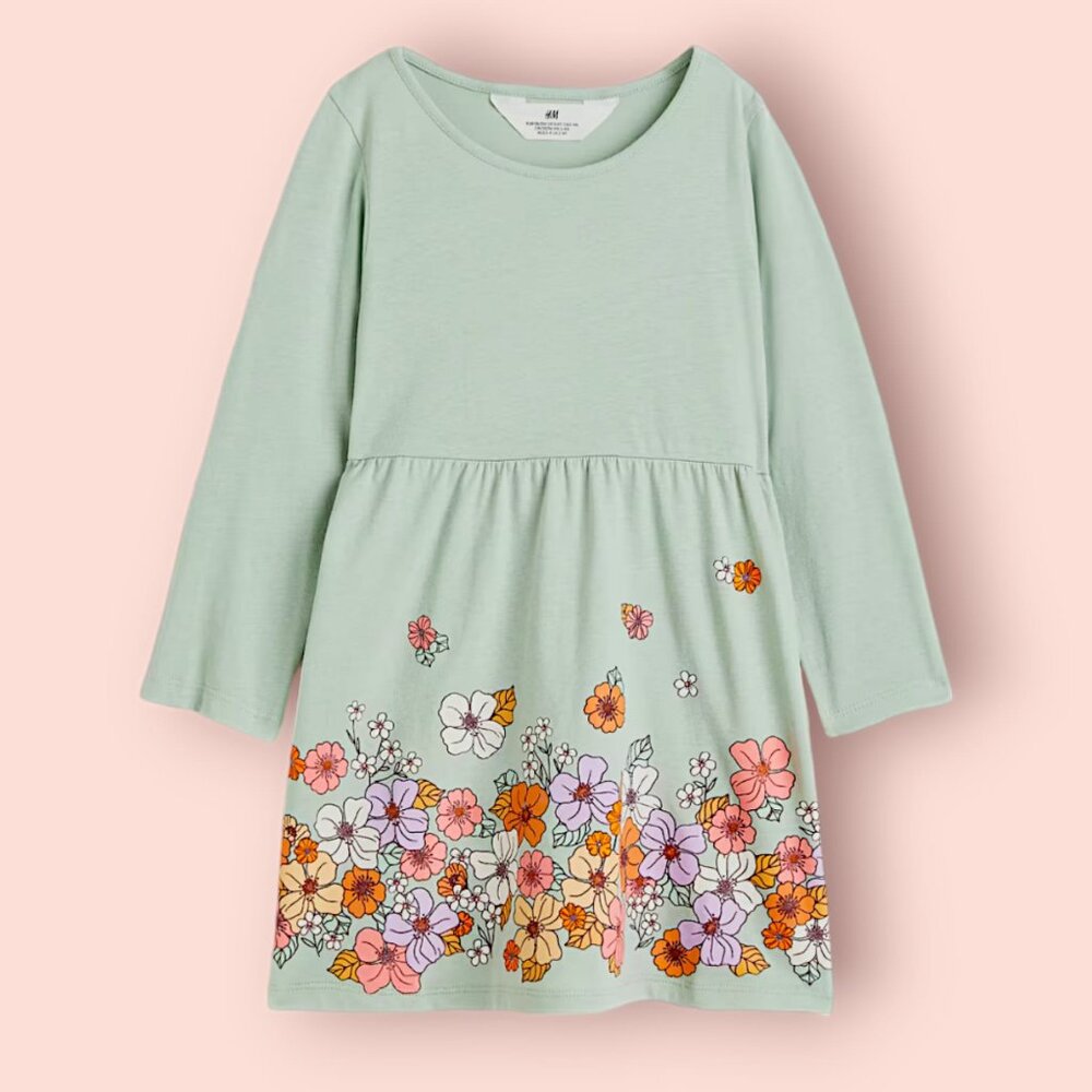 H&M Green Solid With Flowers Full Sleeve dress 100% Cotton Sting free frock
